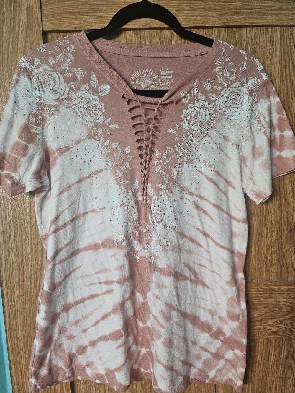 Affliction Blush Pink Tie-Dye Lace-Up Rose V-Neck Tee